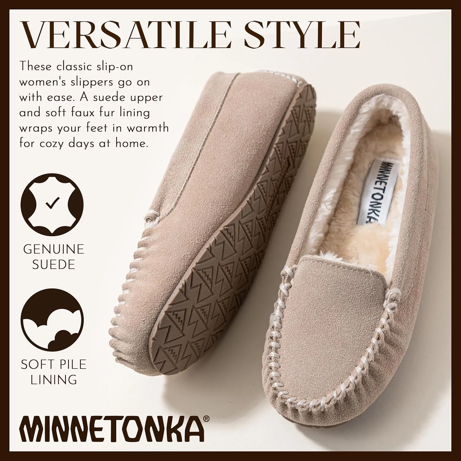 Minnetonka Cosi Venetian – Cozy Indoor Slippers for Women with Durable Rubber Hard Sole Design, Genuine Suede and Soft Pile Lining
