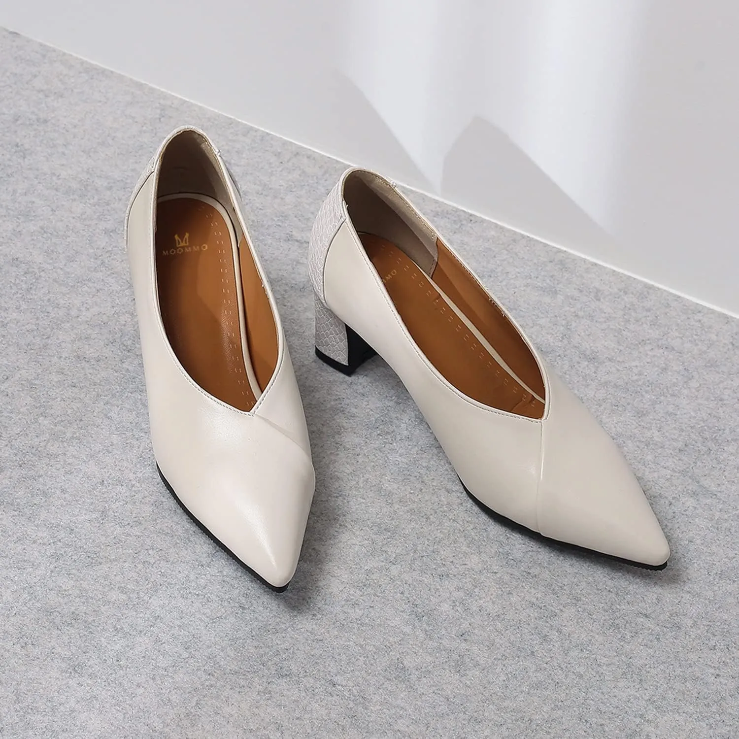 MOOMMO Women Comfortable Chunky Block Heel Pumps Shoes Pointed Toe Slip on Suede Penny Loafers Mid Heel Closed Pointy Toe Work Shoes Office Patchwork Ladies Dressy Fall Fashion Elegant 4-13 M US