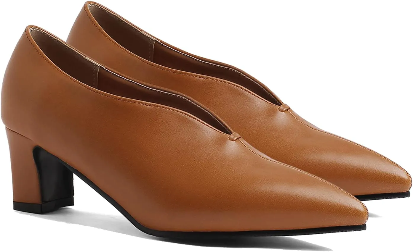 MOOMMO Women Comfortable Chunky Block Heel Pumps Shoes Pointed Toe Slip on Suede Penny Loafers Mid Heel Closed Pointy Toe Work Shoes Office Patchwork Ladies Dressy Fall Fashion Elegant 4-13 M US