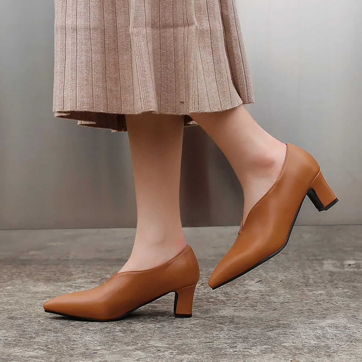 MOOMMO Women Comfortable Chunky Block Heel Pumps Shoes Pointed Toe Slip on Suede Penny Loafers Mid Heel Closed Pointy Toe Work Shoes Office Patchwork Ladies Dressy Fall Fashion Elegant 4-13 M US