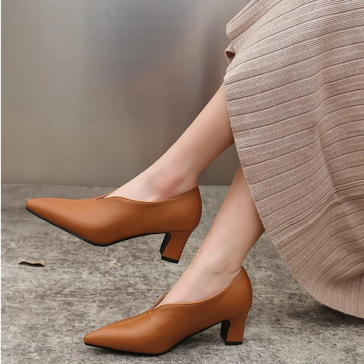 MOOMMO Women Comfortable Chunky Block Heel Pumps Shoes Pointed Toe Slip on Suede Penny Loafers Mid Heel Closed Pointy Toe Work Shoes Office Patchwork Ladies Dressy Fall Fashion Elegant 4-13 M US