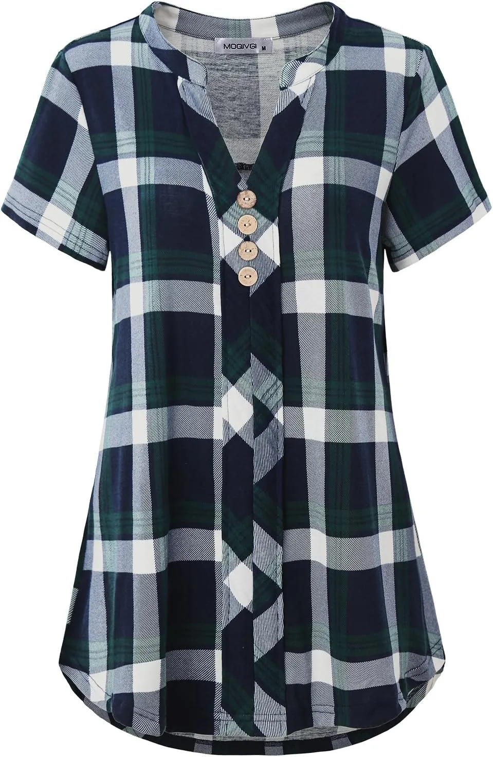 MOQIVGI Womens Notch Neck Short Sleeve Plaid Shirts Checkered Blouse Tops