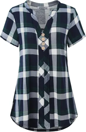 MOQIVGI Womens Notch Neck Short Sleeve Plaid Shirts Checkered Blouse Tops