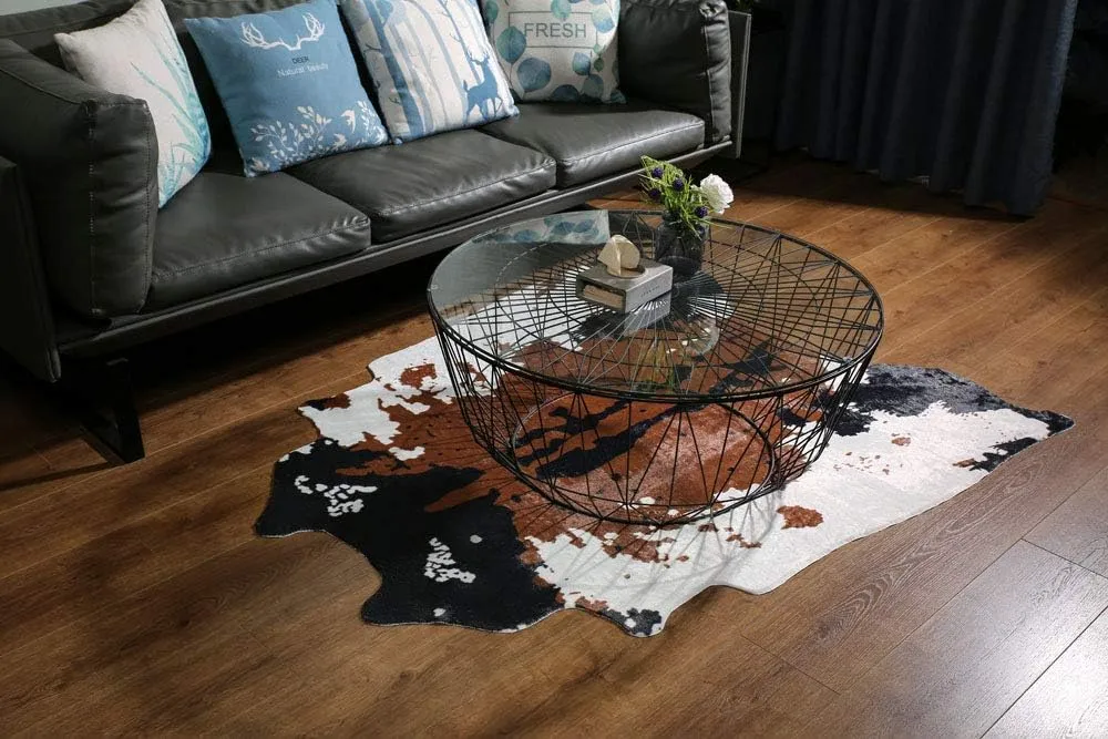 MustMat Brown Faux Cowhide Rug Western Cowboy 5.2'X4.6' Cow Print Fur Skin Area Carpet for Living Room