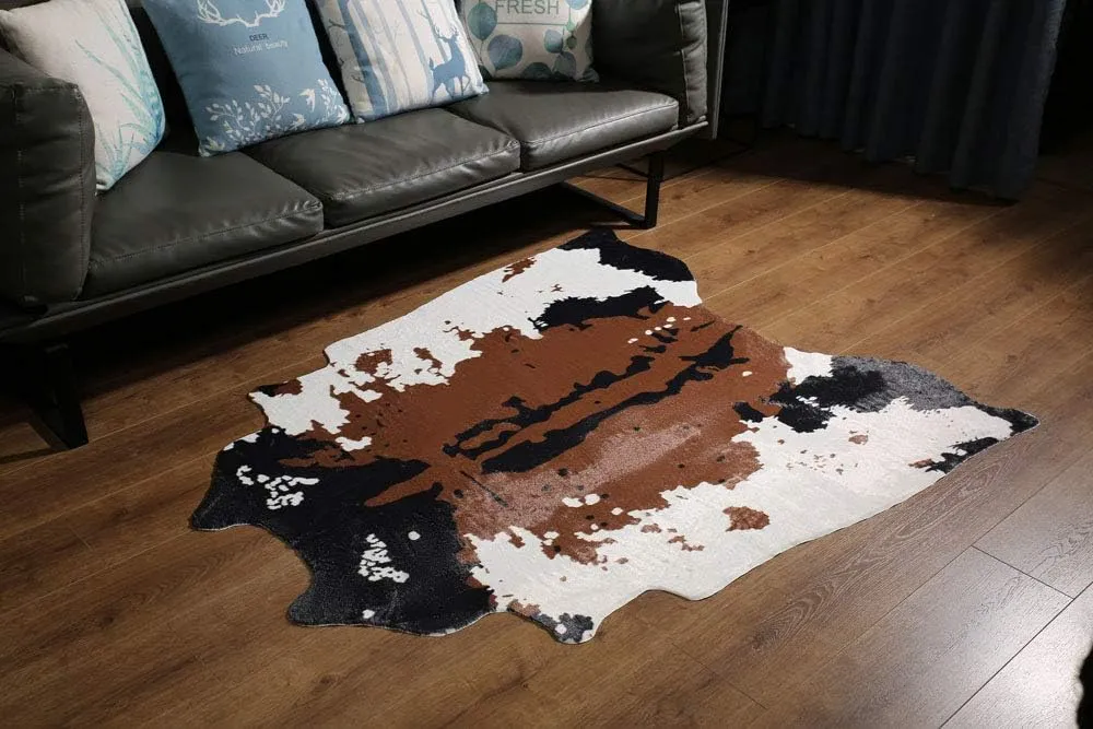 MustMat Brown Faux Cowhide Rug Western Cowboy 5.2'X4.6' Cow Print Fur Skin Area Carpet for Living Room