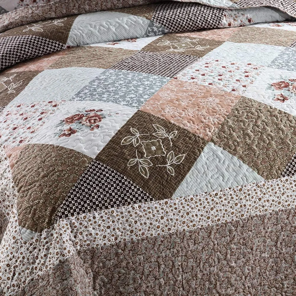 NEWLAKE Quilt Bedspread Sets-Checkered Floral Reversible Coverlet Set,Queen Size