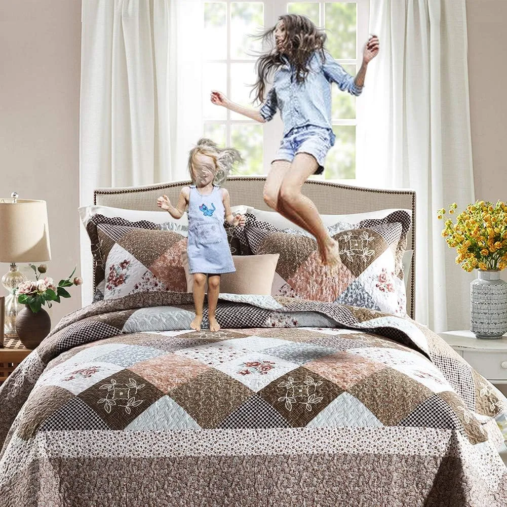 NEWLAKE Quilt Bedspread Sets-Checkered Floral Reversible Coverlet Set,Queen Size