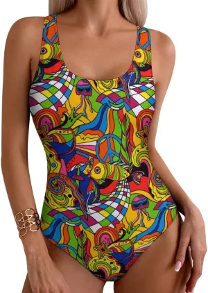 One Piece Swimsuit for Women Cute Tiger Checkered Bathing Suits Racerback Swimsuits Tummy Control Padded Swimwear