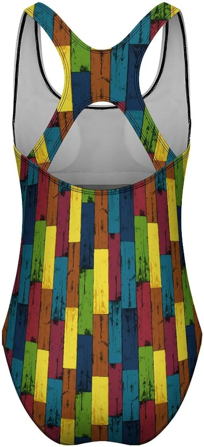 One Piece Swimsuit for Women Tropical Leaf Checkered Bathing Suits Racerback Swimsuits Tummy Control Padded Swimwear