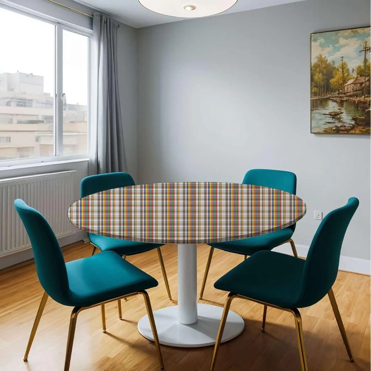 Orange Light Blue Round Fitted Table Cloth Cover Elastic ​Edged Retro Red Checkered Modern Table Cloth Round Elastic Edge Fitted Table Cover Abstract Fit for 40"-43" Table