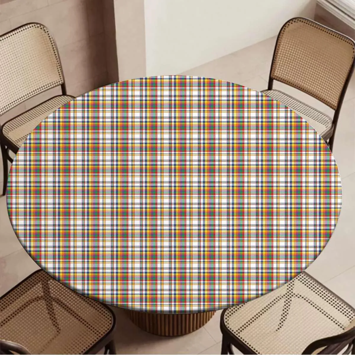 Orange Light Blue Round Fitted Table Cloth Cover Elastic ​Edged Retro Red Checkered Modern Table Cloth Round Elastic Edge Fitted Table Cover Abstract Fit for 40"-43" Table