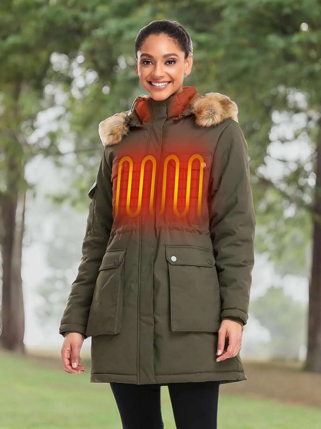 ORORO Women's Heated Parka Jacket with Thermolite Insulation and Detachable Hood, Long Heated Coat