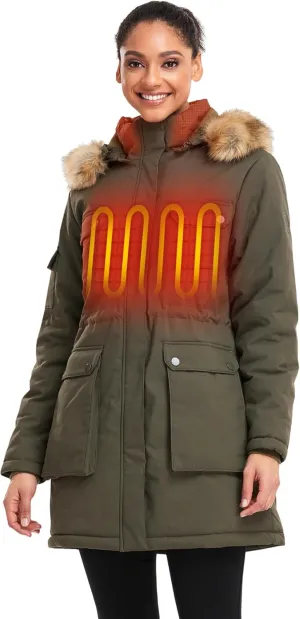 ORORO Women's Heated Parka Jacket with Thermolite Insulation and Detachable Hood, Long Heated Coat