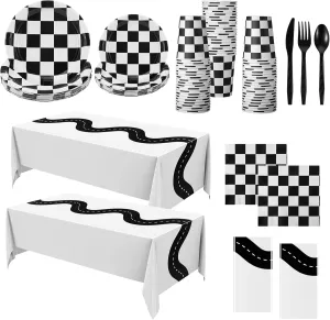 Oudain 162 Pcs Car Birthday Party Supplies for 20 Guests Checkered Racing Party Decorations 2 Checkered Flag Rectangular Tablecloth for Racing Car Christmas Dinner Plates(White)
