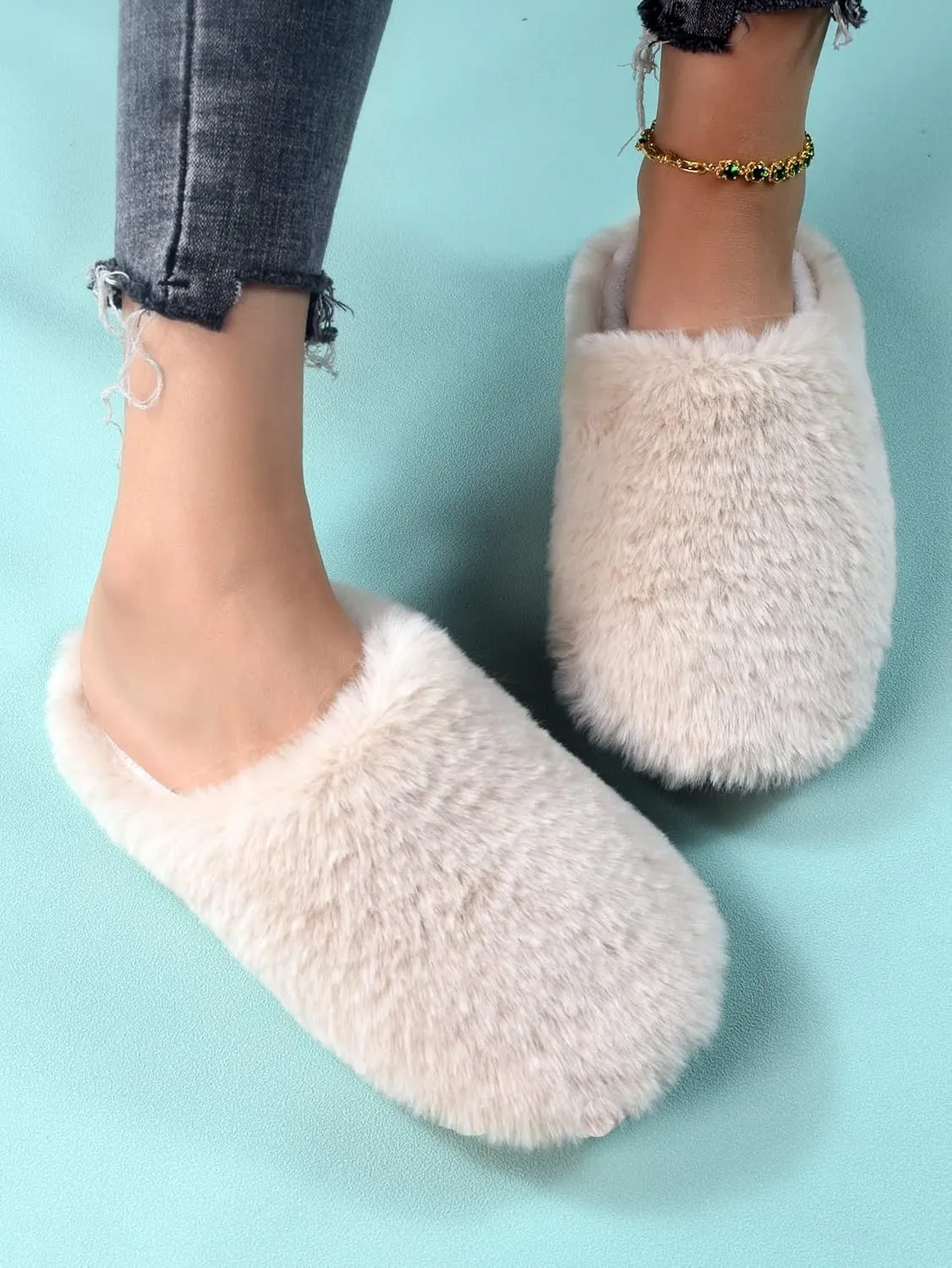OYOANGLE Women's Furry Faux Fur Bedroom Slippers Round Toe Slip on Home Slippers