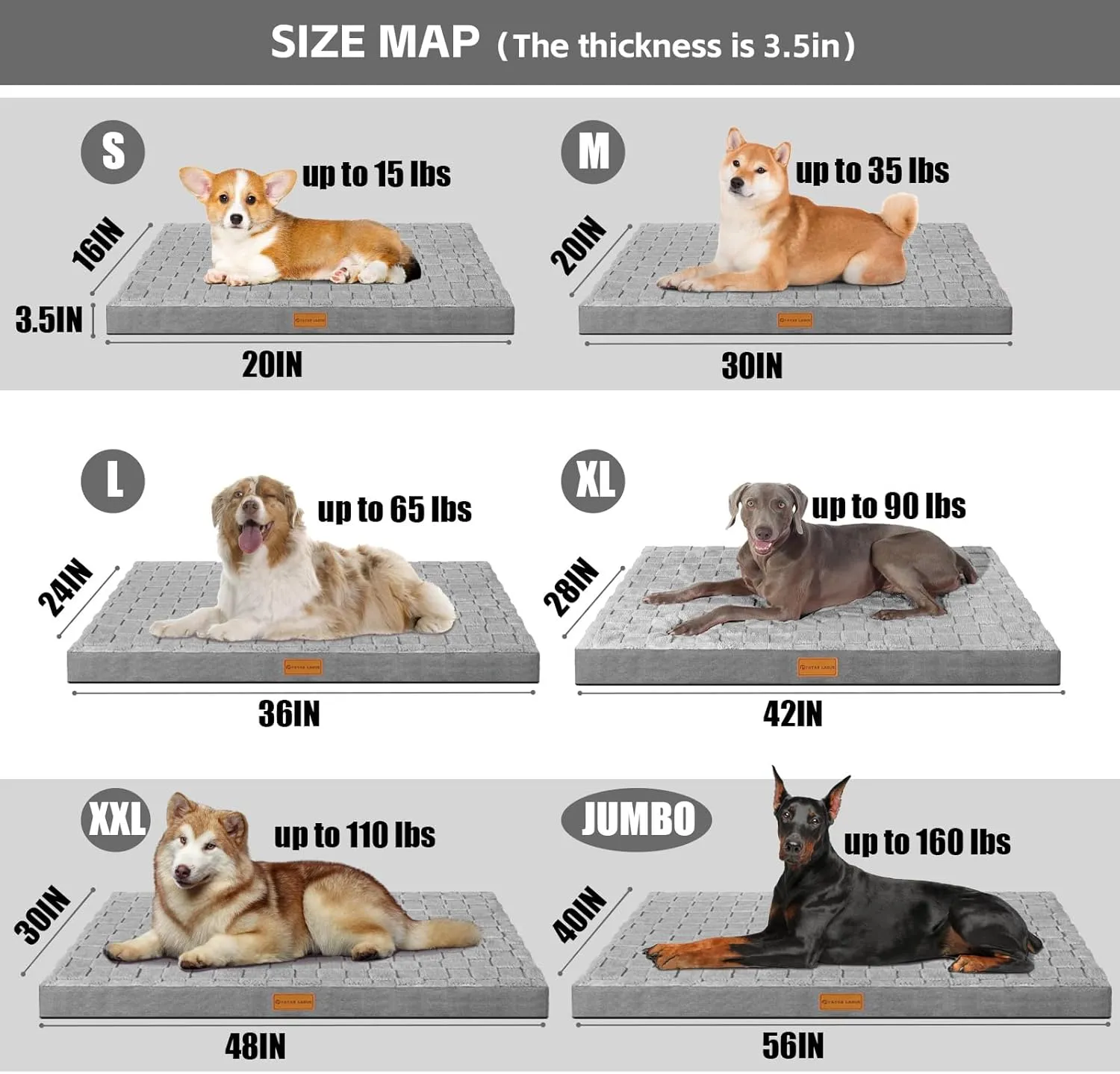Patas Lague Orthopedic Dog Bed for Large Dogs, Waterproof Soft Warm Comfortable Egg Crate Foam Medium Pet Beds Mat with Removable Washable Cover and Nonskid Bottom, 36''X24'' Grey
