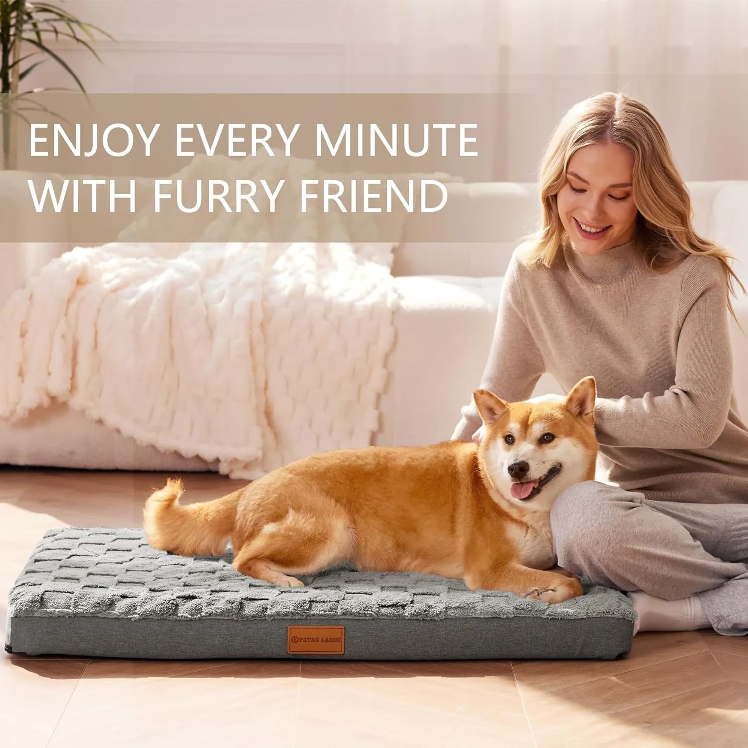 Patas Lague Orthopedic Dog Bed for Large Dogs, Waterproof Soft Warm Comfortable Egg Crate Foam Medium Pet Beds Mat with Removable Washable Cover and Nonskid Bottom, 36''X24'' Grey