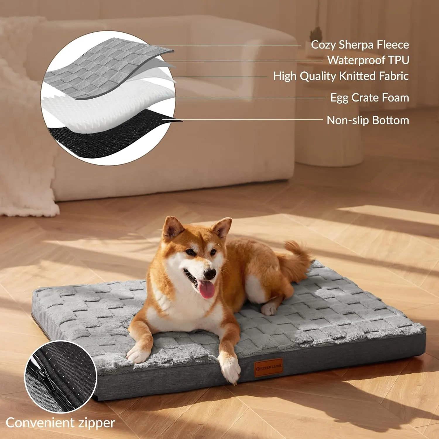 Patas Lague Orthopedic Dog Bed for Large Dogs, Waterproof Soft Warm Comfortable Egg Crate Foam Medium Pet Beds Mat with Removable Washable Cover and Nonskid Bottom, 36''X24'' Grey
