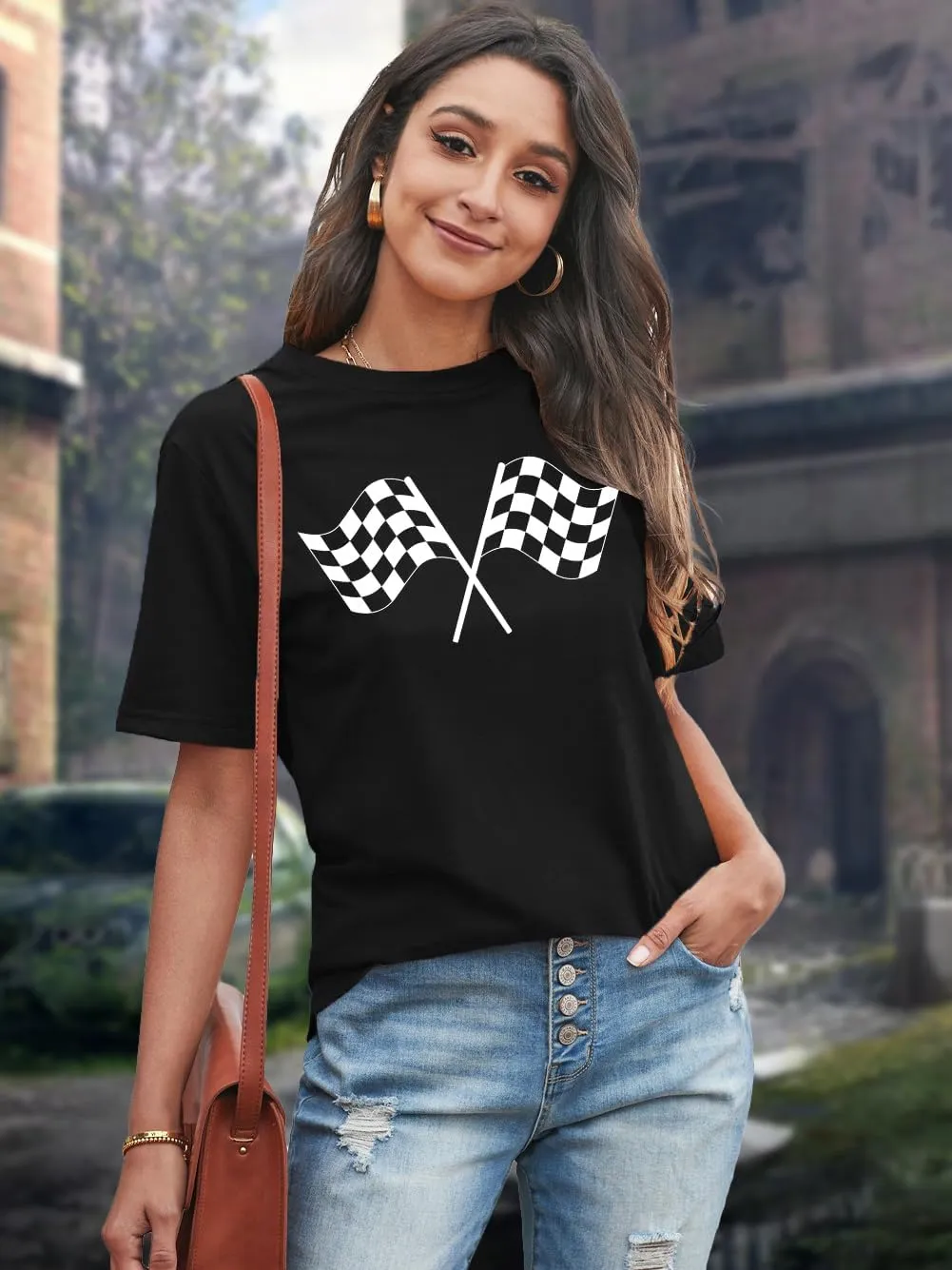 PECHAR Racing Shirt for Women Checkered Flag Graphic car Shirts Race Lover Shirt Raceday Casual Short Sleeve Tee Tops