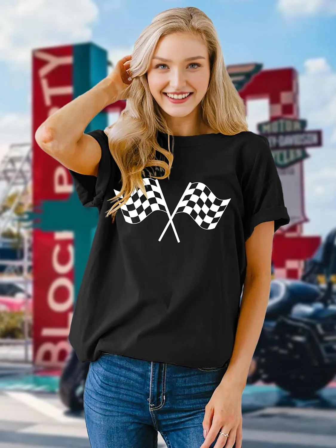 PECHAR Racing Shirt for Women Checkered Flag Graphic car Shirts Race Lover Shirt Raceday Casual Short Sleeve Tee Tops