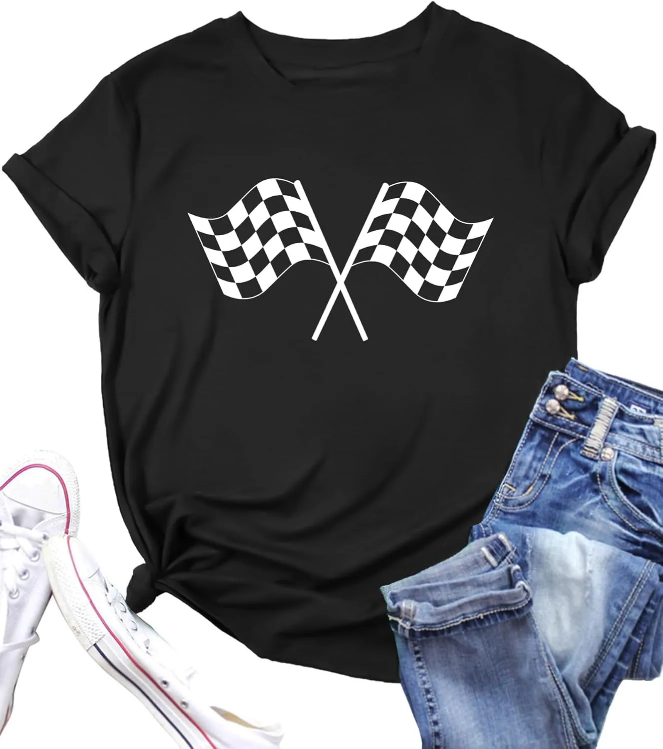 PECHAR Racing Shirt for Women Checkered Flag Graphic car Shirts Race Lover Shirt Raceday Casual Short Sleeve Tee Tops