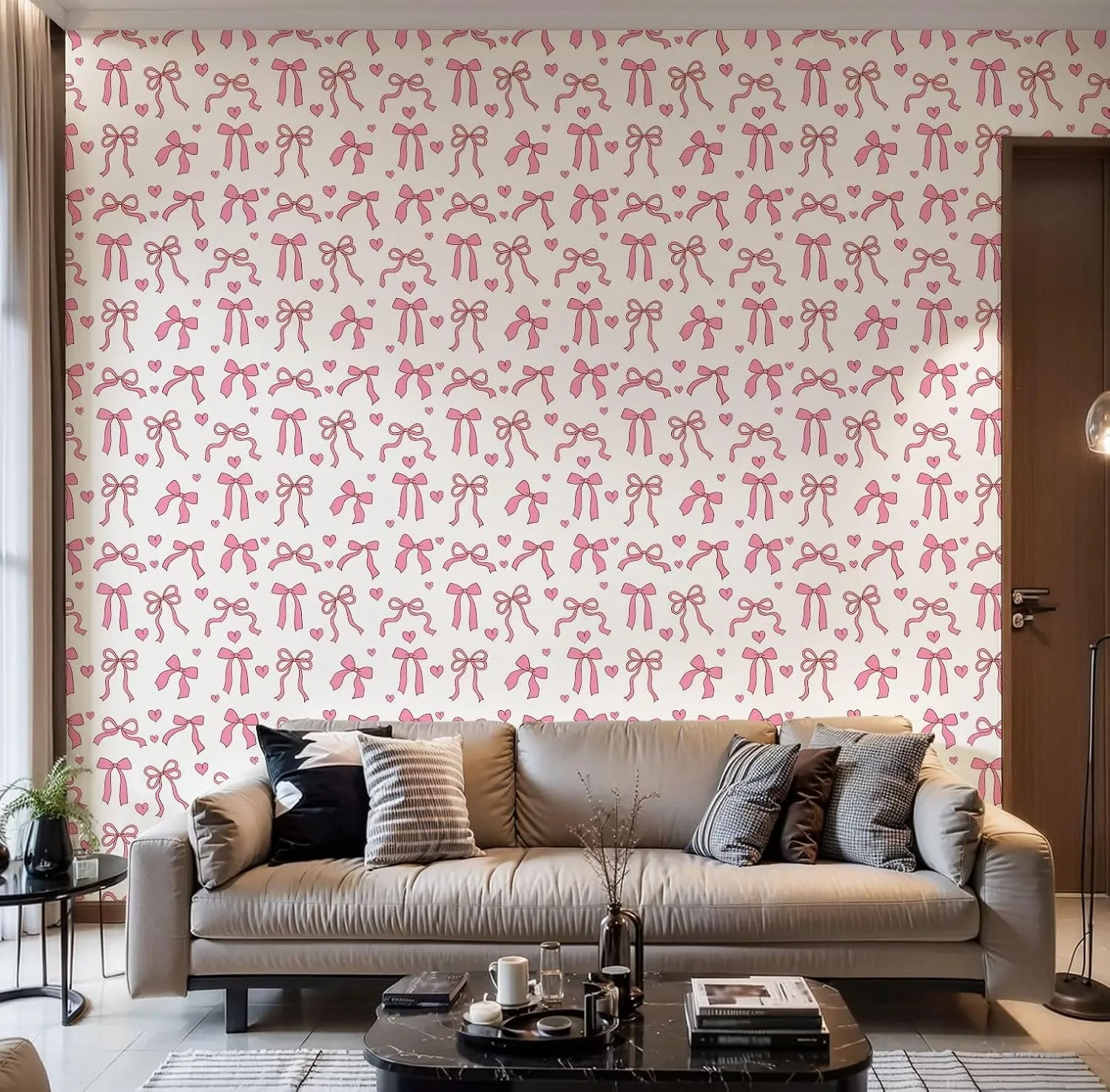 Peel and Stick Wallpaper Self Adhesive Wall Mural Draw Seamless Pink Ribbon Bow Love Valentine Fabric Paper Contact Paper Renter Friendly Wallpaper for Kitchen Nursery Bedroom 24"x118"