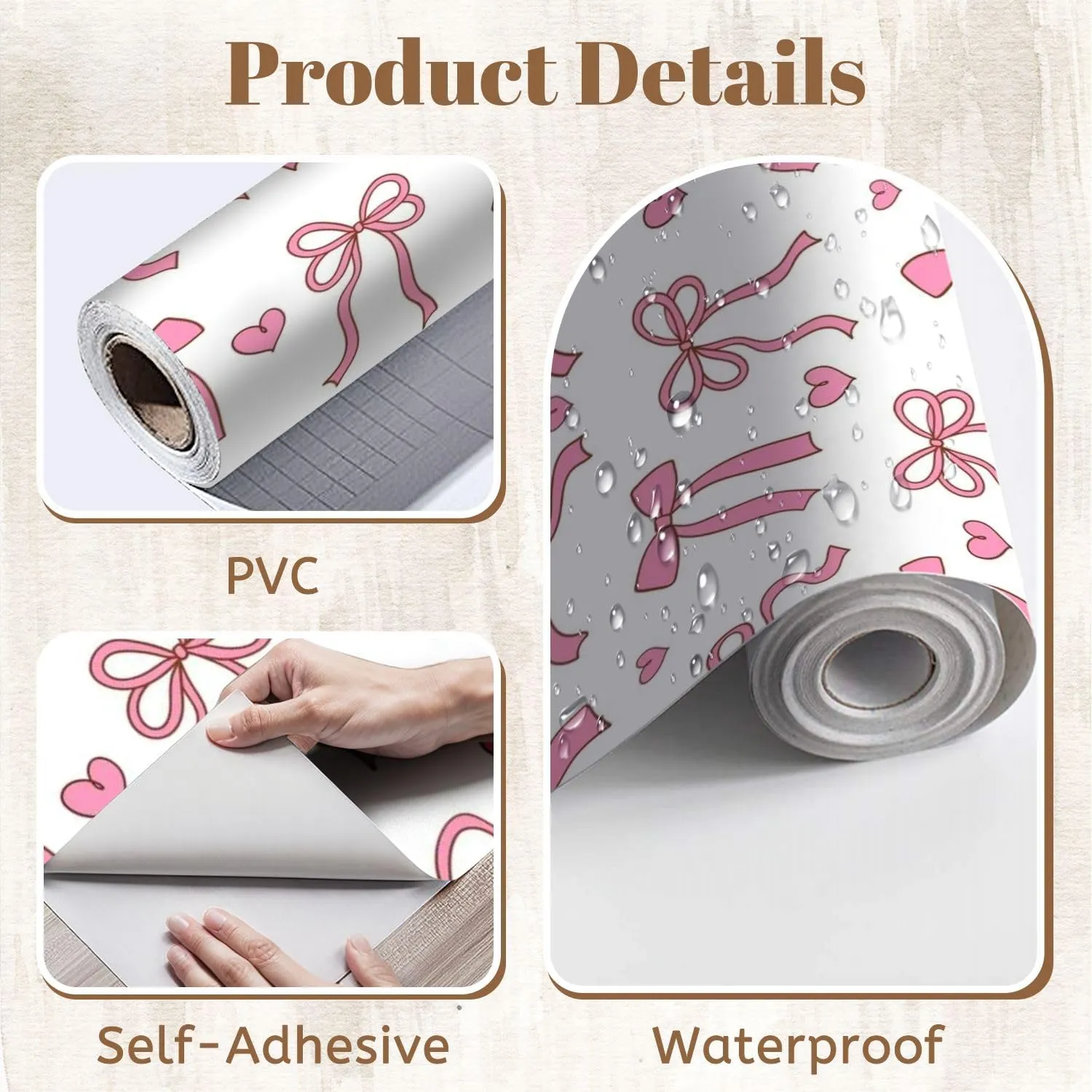 Peel and Stick Wallpaper Self Adhesive Wall Mural Draw Seamless Pink Ribbon Bow Love Valentine Fabric Paper Contact Paper Renter Friendly Wallpaper for Kitchen Nursery Bedroom 24"x118"