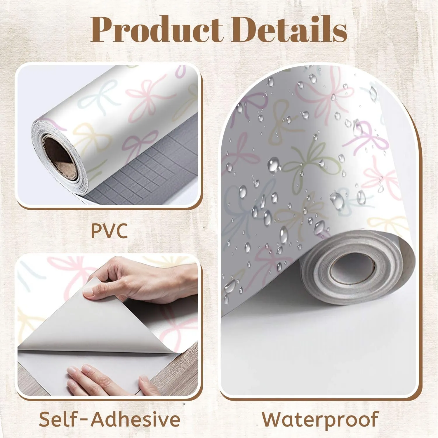 Peel and Stick Wallpaper Self Adhesive Wall Mural Seamless various bow knots gift ribbons Trendy hair braiding accessory Contact Paper Renter Friendly Wallpaper for Kitchen Nursery Bedroom 17.7"x118"