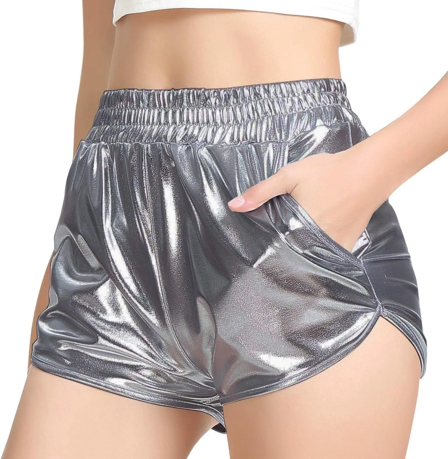 PESION Women's Metallic Shiny Shorts Sparkly Rave Hot Short Pants