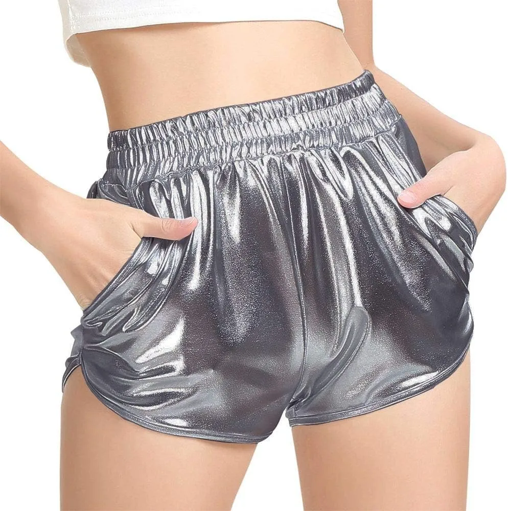 PESION Women's Metallic Shiny Shorts Sparkly Rave Hot Short Pants
