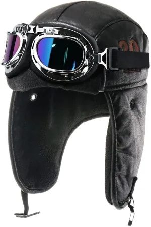 Pilot Hat and Goggles Vintage Aviator Hat for Adult Flighter Costume Cap Winter Fur Hat Ear Flaps Cold Weather