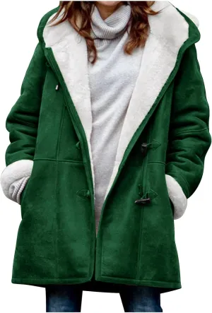 Plus Size Winter Coats for Women 2024 Warm Fleece Lined Jacket Button Sherpa Fur Hooded Parka Suede Peacoat Outerwear