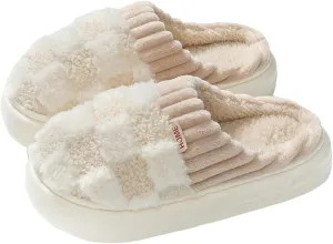 Plush Slippers for Women Men Plaid Cuff Warm Fuzzy Fleece Slipper Cozy Memory Foam Checkered Home Shoes Non-Slip