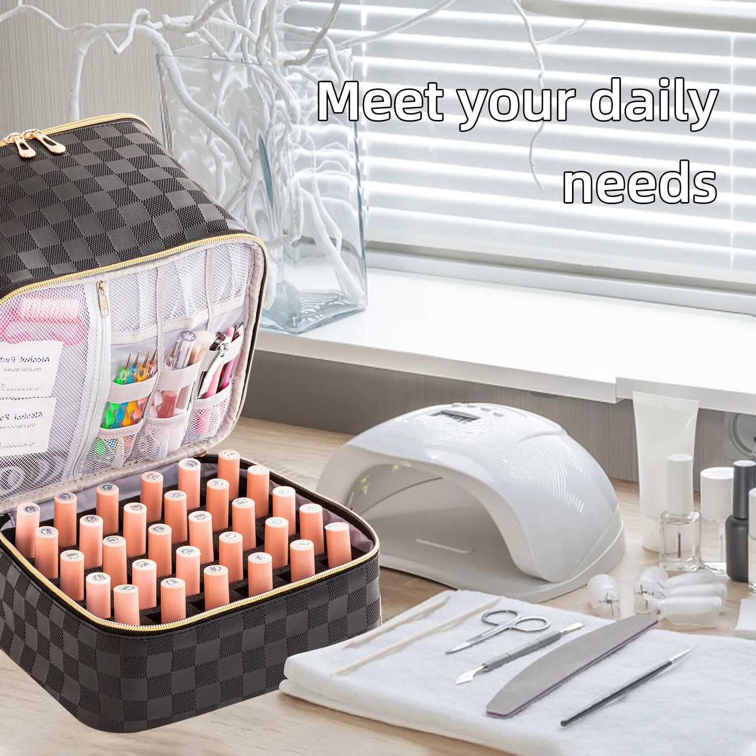 Portable Nail Polish Organizer Bag with UV Light Case - Holds 30 Bottles and 1 UV Nail Lamp, Double-Layers Nail Dryer Case for Gel Nail Polish Kit, Nail Art Decorations（Checkered Black）