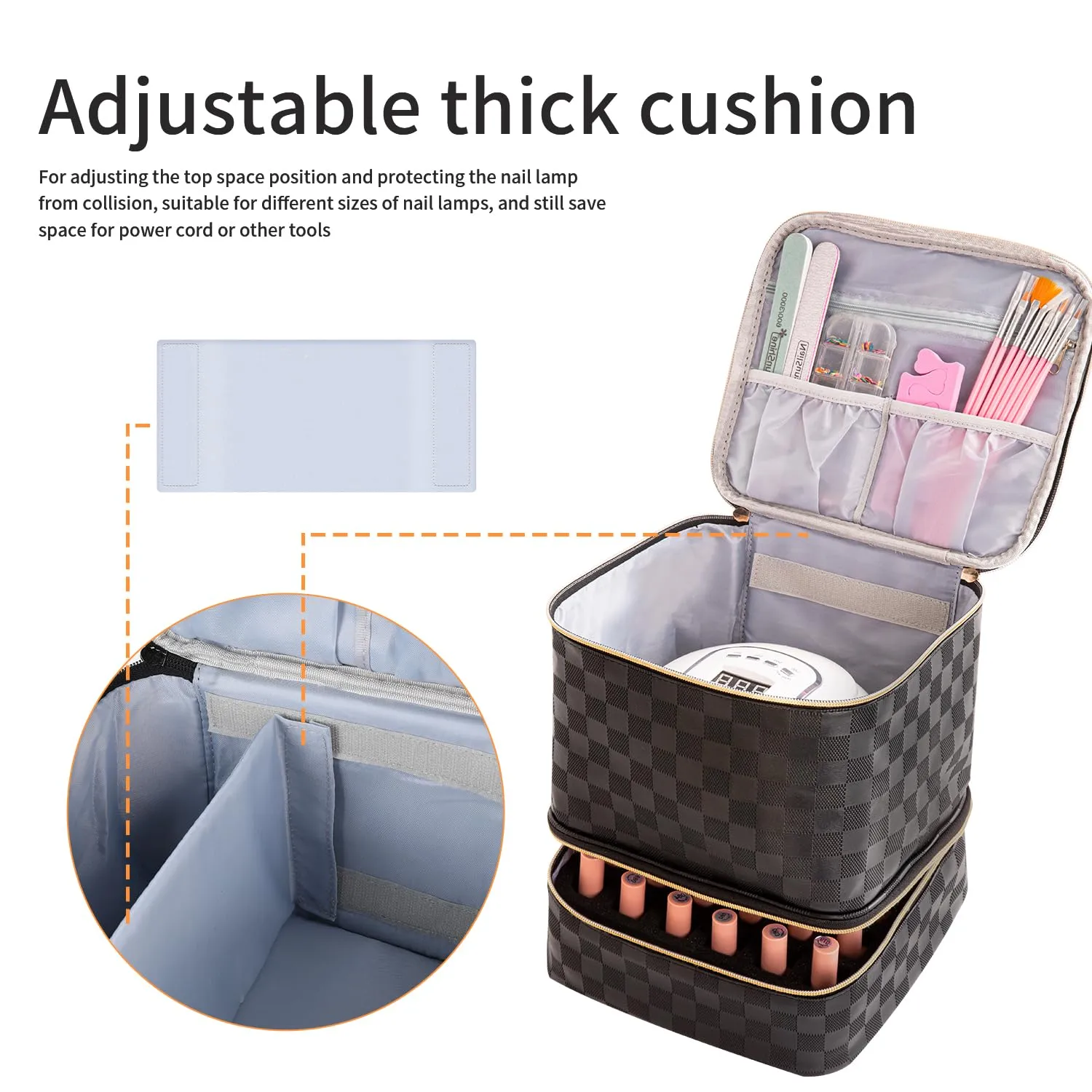 Portable Nail Polish Organizer Bag with UV Light Case - Holds 30 Bottles and 1 UV Nail Lamp, Double-Layers Nail Dryer Case for Gel Nail Polish Kit, Nail Art Decorations（Checkered Black）