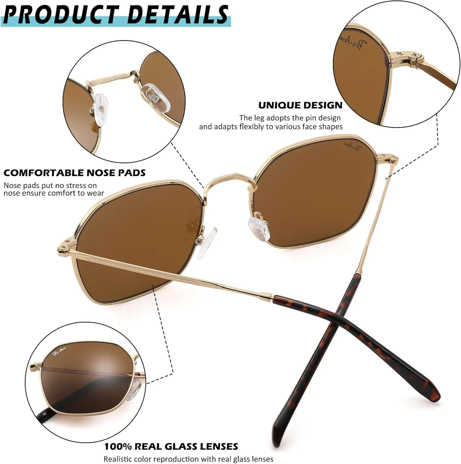 Pro Acme Classic Sunglasses for Women Men Hexagonal Flat Metal Frame Trendy Square Shades Sunglasses 100% Real Glass Lens