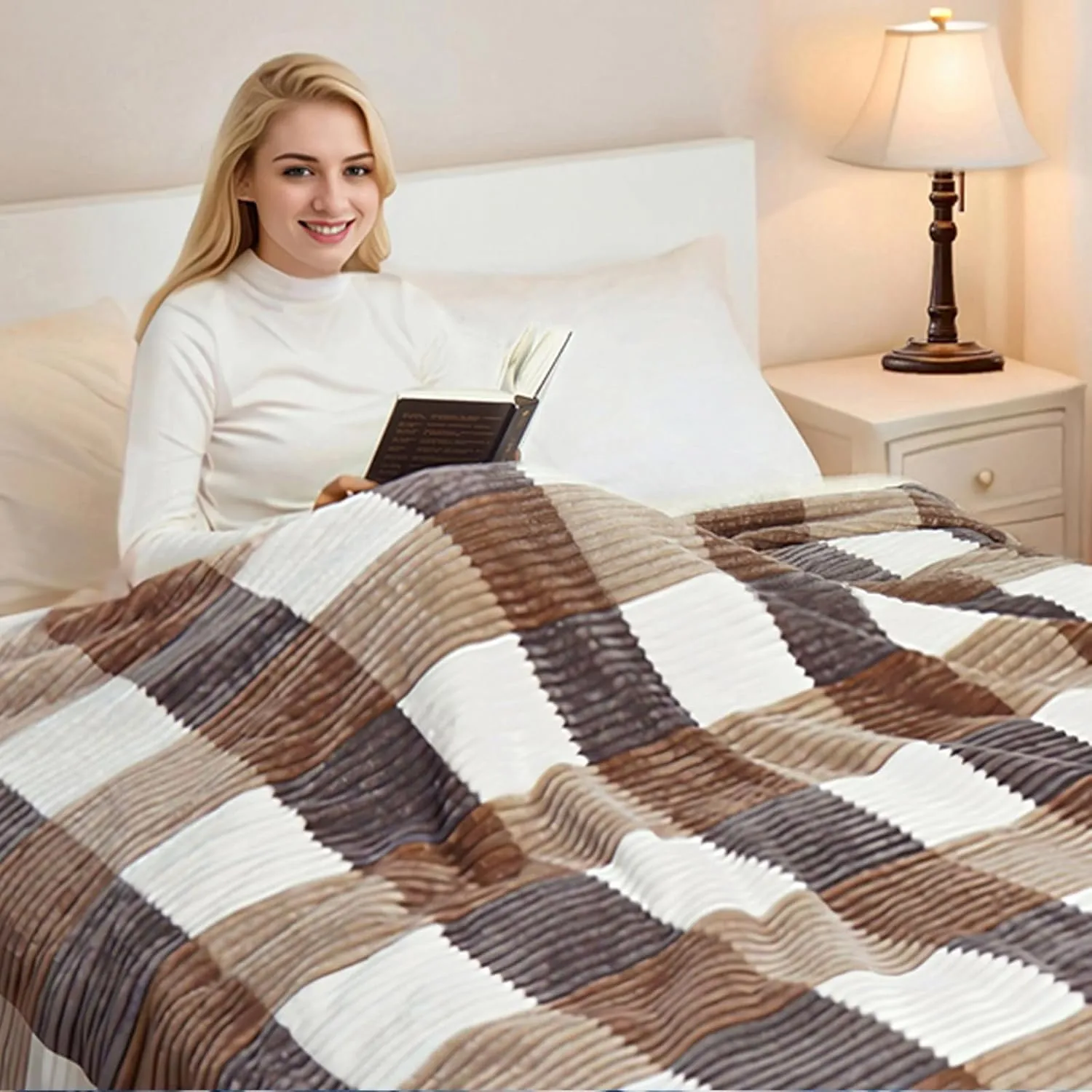 PU MEI Sherpa Blanket Twin Plaid Thick Bed Blanket, 60”*80” Super Soft Flannel Fuzzy Fleece Reversible Velvet Plush Warm Blanket for Couch (Beige Check, 60"*80")