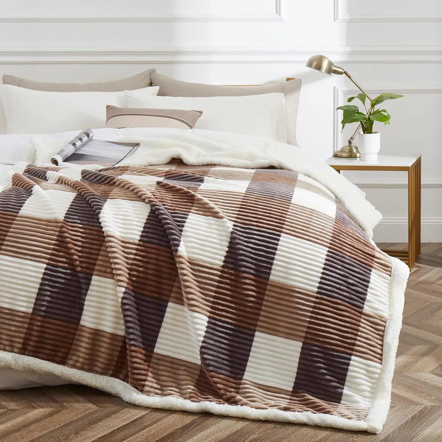 PU MEI Sherpa Blanket Twin Plaid Thick Bed Blanket, 60”*80” Super Soft Flannel Fuzzy Fleece Reversible Velvet Plush Warm Blanket for Couch (Beige Check, 60"*80")