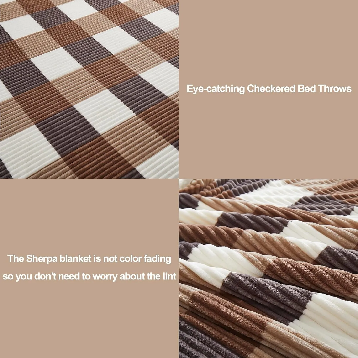 PU MEI Sherpa Blanket Twin Plaid Thick Bed Blanket, 60”*80” Super Soft Flannel Fuzzy Fleece Reversible Velvet Plush Warm Blanket for Couch (Beige Check, 60"*80")