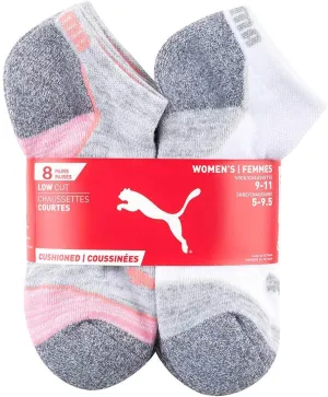 PUMA Womens No Show Low Cut Moisture Control Sport Socks (Shoe Size 5-9.5) - Multi Grey - 8 Pack