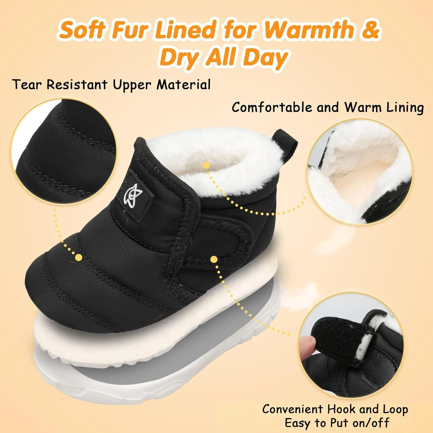 QFH Baby Boys Girls Winter Warm Shoes Cozy Fleece Snow Boots Toddler Non-Slip Walking Shoes Infant Outdoor Water Resistance Faux Fur Booties