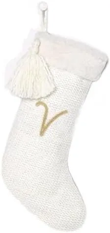 Queen of the Castle Luxe Knit Monogram Christmas Stocking White/Gold Letter (V)