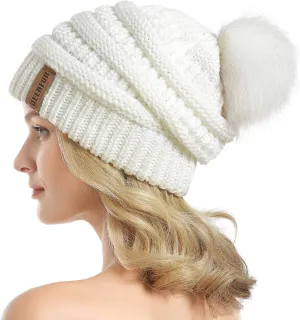 QUEENFUR Women Knit Slouchy Beanie Chunky Baggy Hat with Faux Fur Pompom Winter Soft Warm Ski Cap