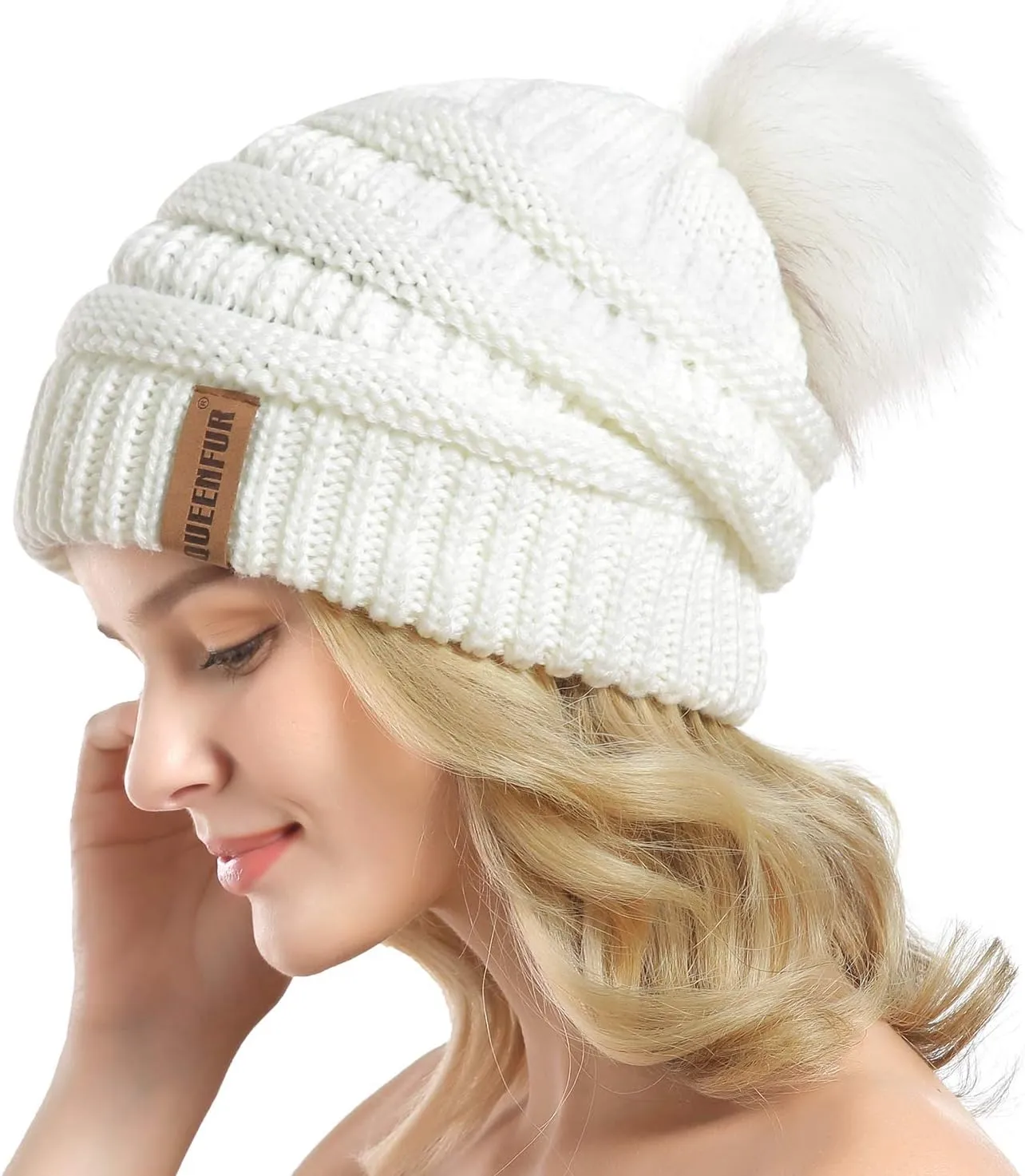 QUEENFUR Women Knit Slouchy Beanie Chunky Baggy Hat with Faux Fur Pompom Winter Soft Warm Ski Cap