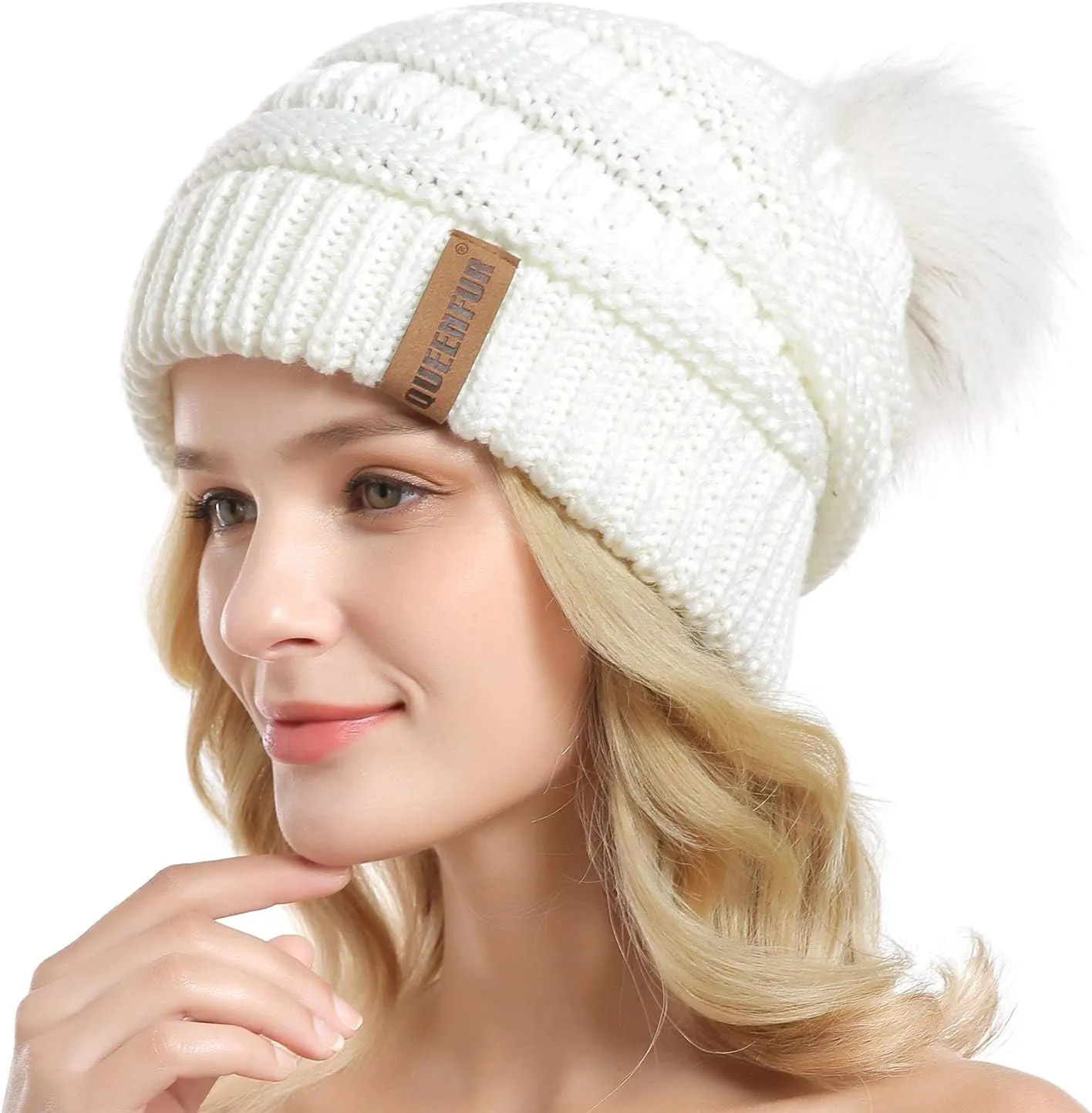 QUEENFUR Women Knit Slouchy Beanie Chunky Baggy Hat with Faux Fur Pompom Winter Soft Warm Ski Cap