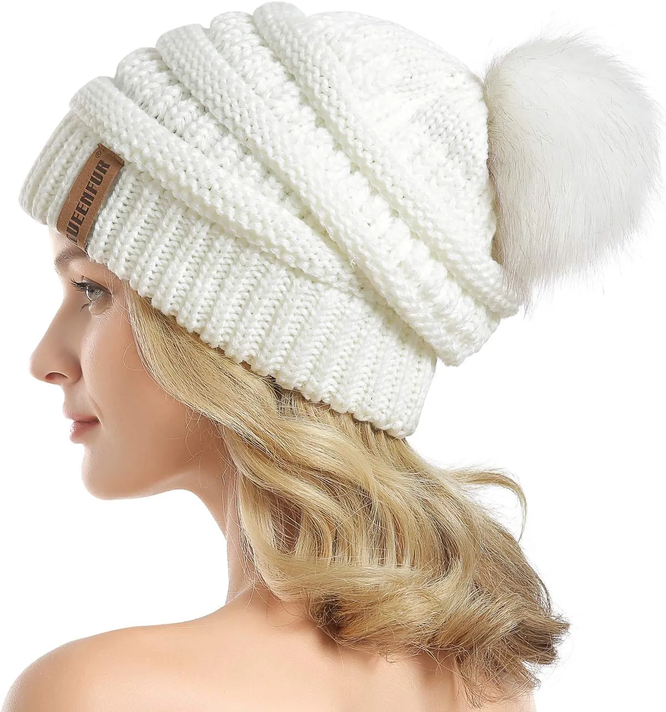 QUEENFUR Women Knit Slouchy Beanie Chunky Baggy Hat with Faux Fur Pompom Winter Soft Warm Ski Cap