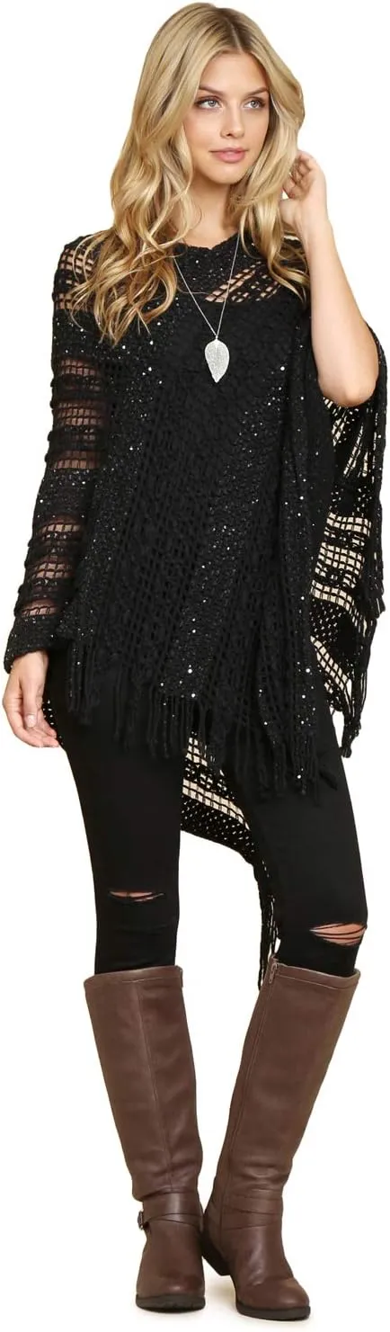 RIAH FASHION Bohemian Sequin Glitter Shawl Wrap Poncho - Kimono Cardigan, Sparkly Metallic Mesh Scarf, Open Knit Crochet