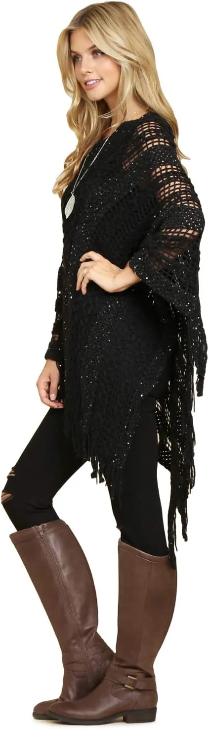 RIAH FASHION Bohemian Sequin Glitter Shawl Wrap Poncho - Kimono Cardigan, Sparkly Metallic Mesh Scarf, Open Knit Crochet