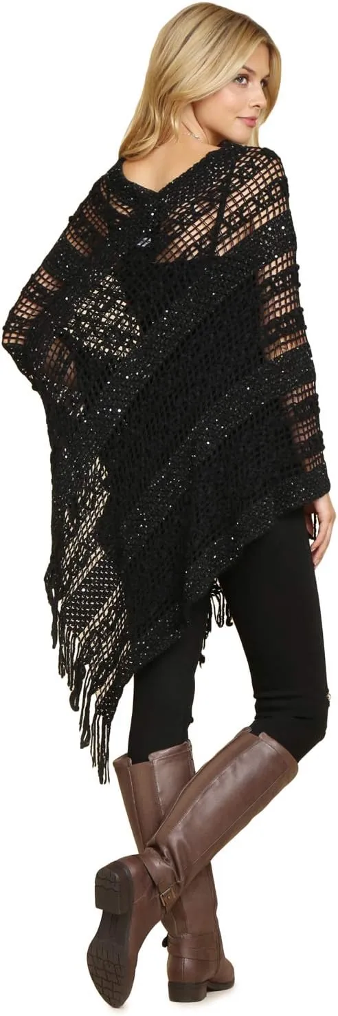 RIAH FASHION Bohemian Sequin Glitter Shawl Wrap Poncho - Kimono Cardigan, Sparkly Metallic Mesh Scarf, Open Knit Crochet