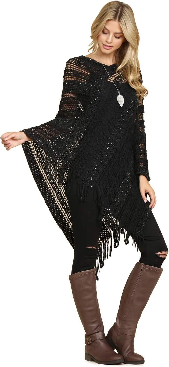 RIAH FASHION Bohemian Sequin Glitter Shawl Wrap Poncho - Kimono Cardigan, Sparkly Metallic Mesh Scarf, Open Knit Crochet